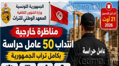 مناظرة المعهد الوطني للتراث 2026: انتداب 50 عامل حراسة بكامل تراب الجمهورية.. الشروط وطريقة الترشح مناظرة المعهد الوطني للتراث 2026: انتداب 50 عامل حراسة.. الشروط والوثائق المطلوبة