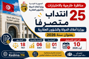 مناظرة وزارة أملاك الدولة والشؤون العقارية 2026: انتداب 25 متصرفًا في عدة اختصاصات مناظرة وزارة أملاك الدولة والشؤون العقارية 2026 انتداب 25 متصرفًا في عدة اختصاصات
