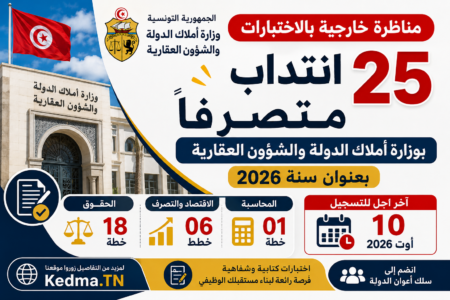 مناظرة وزارة أملاك الدولة والشؤون العقارية 2026: انتداب 25 متصرفًا في عدة اختصاصات مناظرة وزارة أملاك الدولة والشؤون العقارية 2026 انتداب 25 متصرفًا في عدة اختصاصات