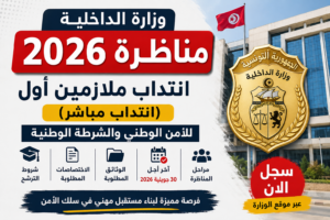 وزارة الداخلية تفتح مناظرة لانتداب ملازمين أول (انتداب مباشر) – الشروط، الاختصاصات، الوثائق المطلوبة مناظرة وزارة الداخلية 2026 فتح باب الترشح لانتداب ملازمين أول (انتداب مباشر) – الشروط، الاختصاصات، الوثائق وآخر أجل