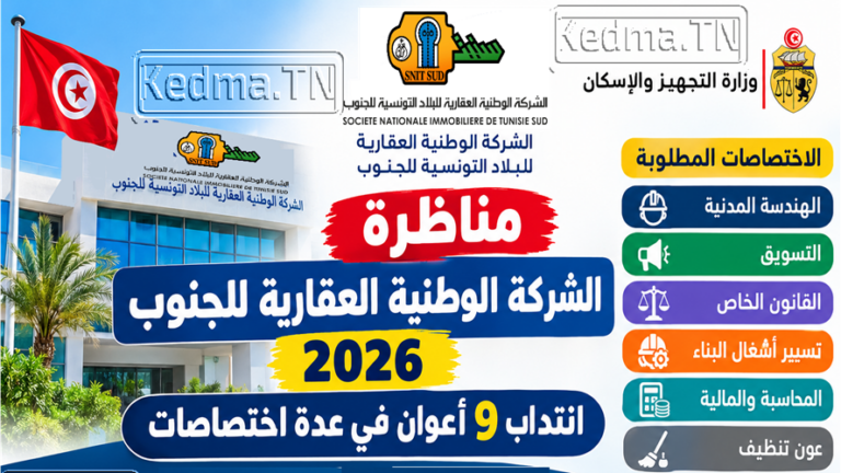 مناظرة انتداب SNIT Sud 2026 en Tunisie الشركة الوطنية العقارية للبلاد التونسية للجنوب